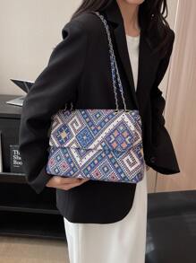 時尚、極簡、休閒、幾何圖案方形包中型蓋子適用於女孩、少女 - 彩色 - 查看 2