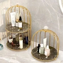 Birdcage Shaped Desktop Cosmetic Storage Box For Bathroom, Dressing Table, Household Storage With Handle - White - View 2