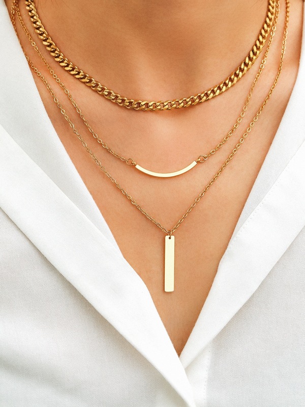 Aomogo 不銹鋼項鏈幾何長方形吊墜豎琴多層厚鏈街頭服飾哥特頸鏈女士珠寶飾品