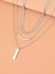 Aomogo 不鏽鋼項鍊，幾何矩形吊墜項圈多層厚鏈，街頭時尚哥德風女士項鍊飾品 - 銀色 - 查看 2