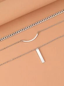 Aomogo 不鏽鋼項鍊，幾何矩形吊墜項圈多層厚鏈，街頭時尚哥德風女士項鍊飾品 - 銀色 - 查看 4