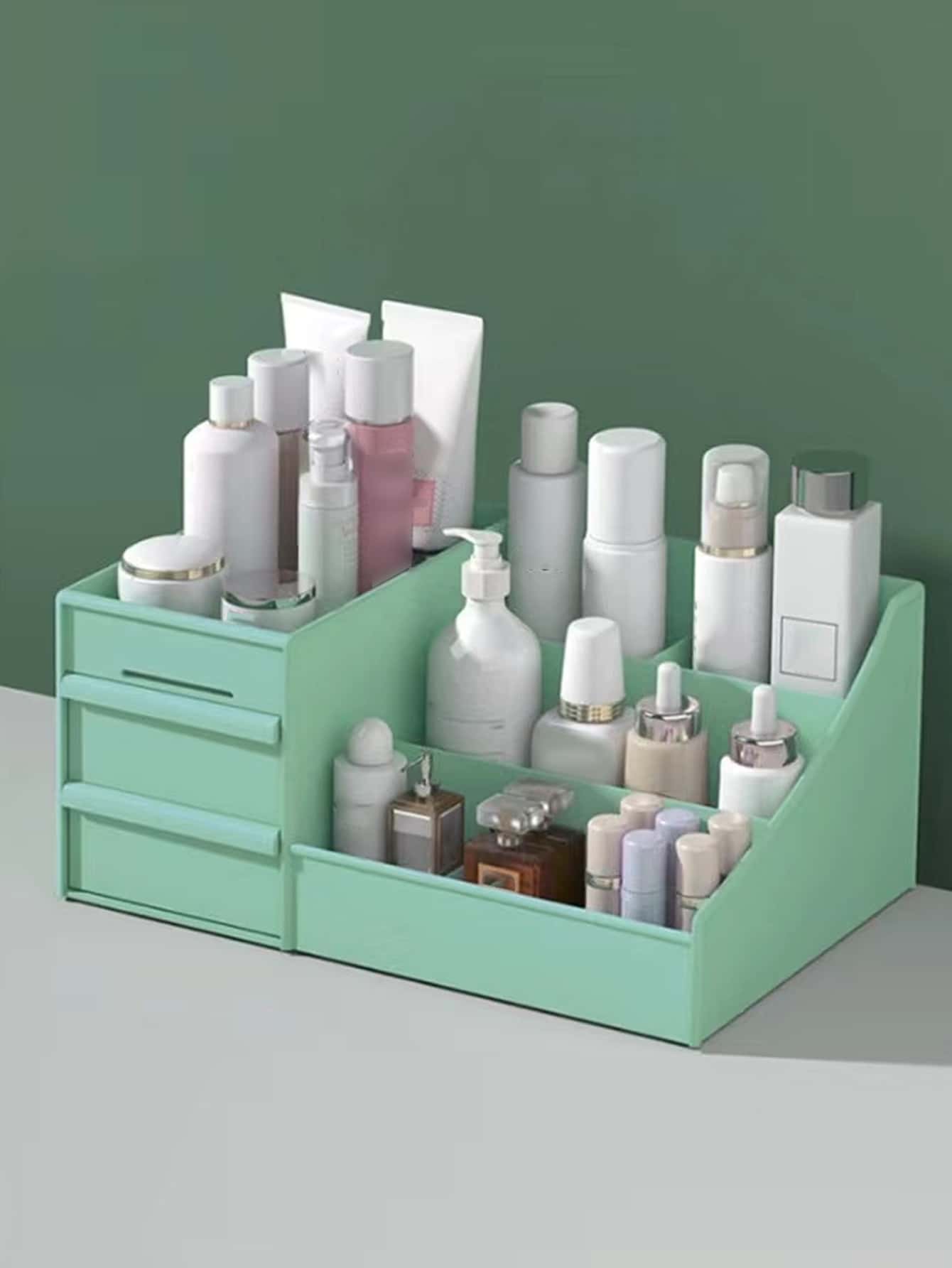 1 件带抽屉的多隔层双层化妆品收纳盒 - 化妆品架、口红、刷子、乳液、眼影、指甲油和珠宝的梳妆台收纳盒