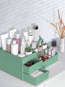 1 件带抽屉的多隔层双层化妆品收纳盒 - 化妆品架、口红、刷子、乳液、眼影、指甲油和珠宝的梳妆台收纳盒 - 綠色 - 查看 6
