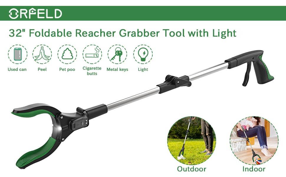 ORFELD Reacher Grabber Tool, 32" Foldable Claw Grabber with Light, Arm