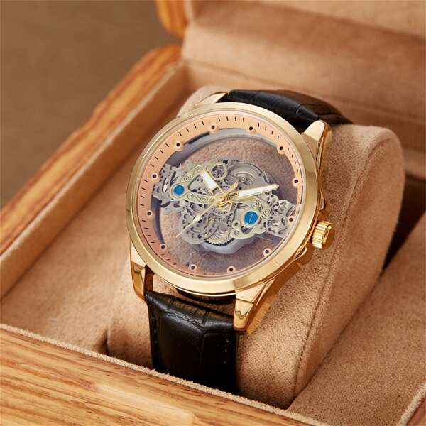 GORBEN Hollow Out Classic Pu Leather Strap Quartz Watch For Casual Wear