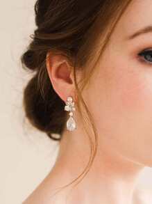 1對2入組精緻創意水滴花瓣銅鑲嵌方晶鋯石耳環女耳環