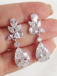 1對2入組精緻創意水滴花瓣銅鑲嵌方晶鋯石耳環女耳環