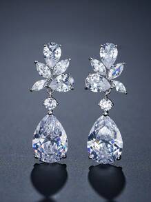 1對2入組精緻創意水滴花瓣銅鑲嵌方晶鋯石耳環女耳環