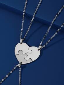 3入組/套女士不銹鋼心形拼圖吊墜項鍊,首飾類生日友誼禮品 - 銀色 - 查看 2