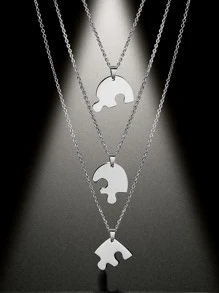 3入組/套女士不銹鋼心形拼圖吊墜項鍊,首飾類生日友誼禮品 - 銀色 - 查看 1