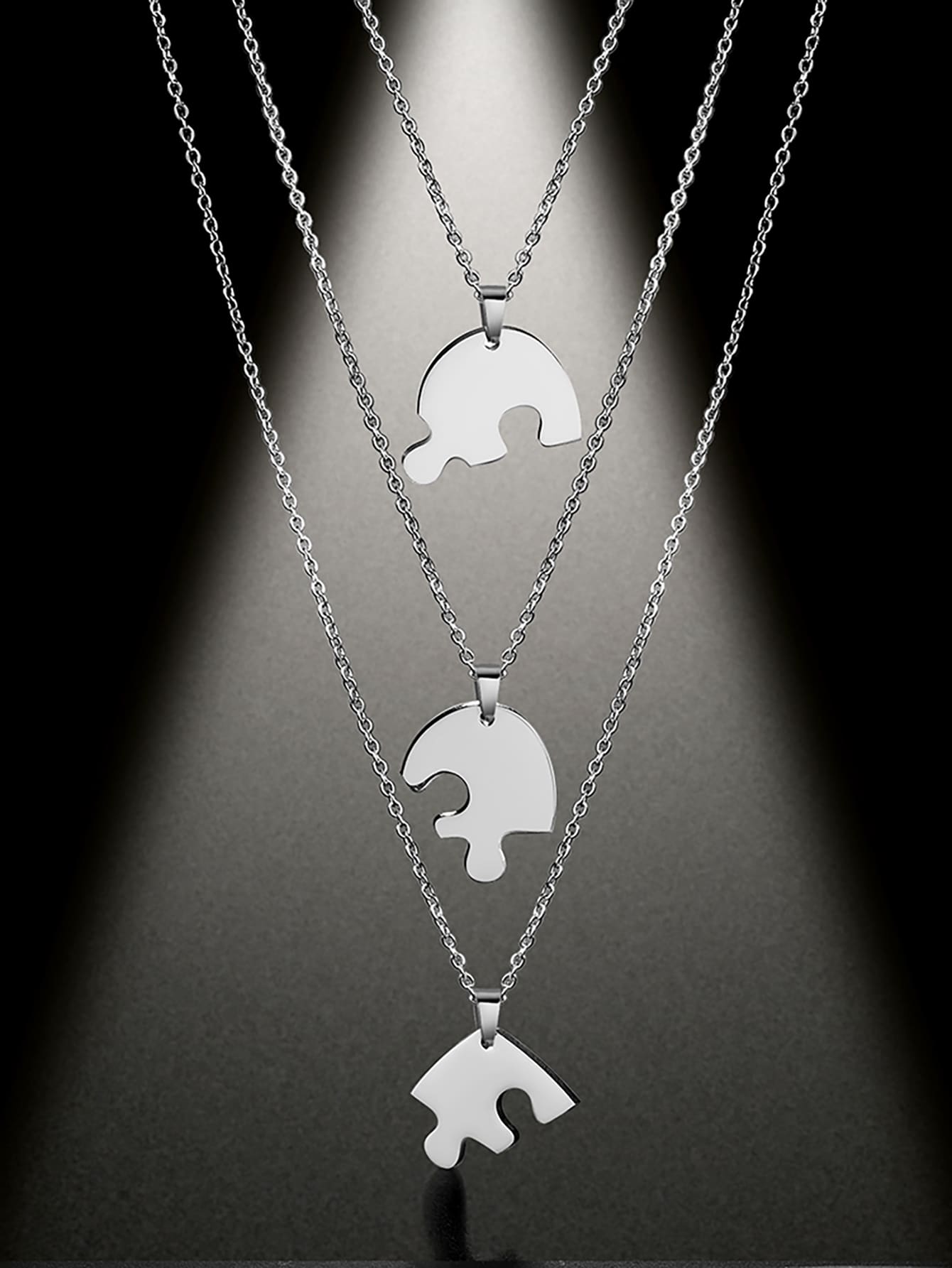 3入組/套女士不銹鋼心形拼圖吊墜項鍊,首飾類生日友誼禮品 - 銀色 - 查看 1