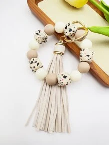 1入組女士幾何樣式串珠手鏈帶流蘇鑰匙圈 - 米色 - 查看 1