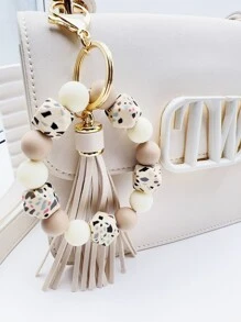 1入組女士幾何樣式串珠手鏈帶流蘇鑰匙圈 - 米色 - 查看 2