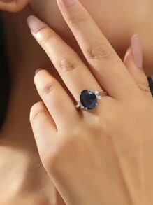 1pc Simple & Fashionable Circle Design Zirconia Ring, Versatile Valentine's Day & Mother's Day Gift For Women - Navy Blue - View 3