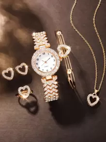 Diamond Decor Casual Girls' Quartz Watch And Jewelry Set, 6pcs/set