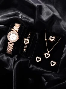 Diamond Decor Casual Girls' Quartz Watch And Jewelry Set, 6pcs/set