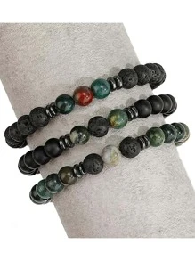 3入組男士多層天然石頭手環 - 黑與白 - 查看 2