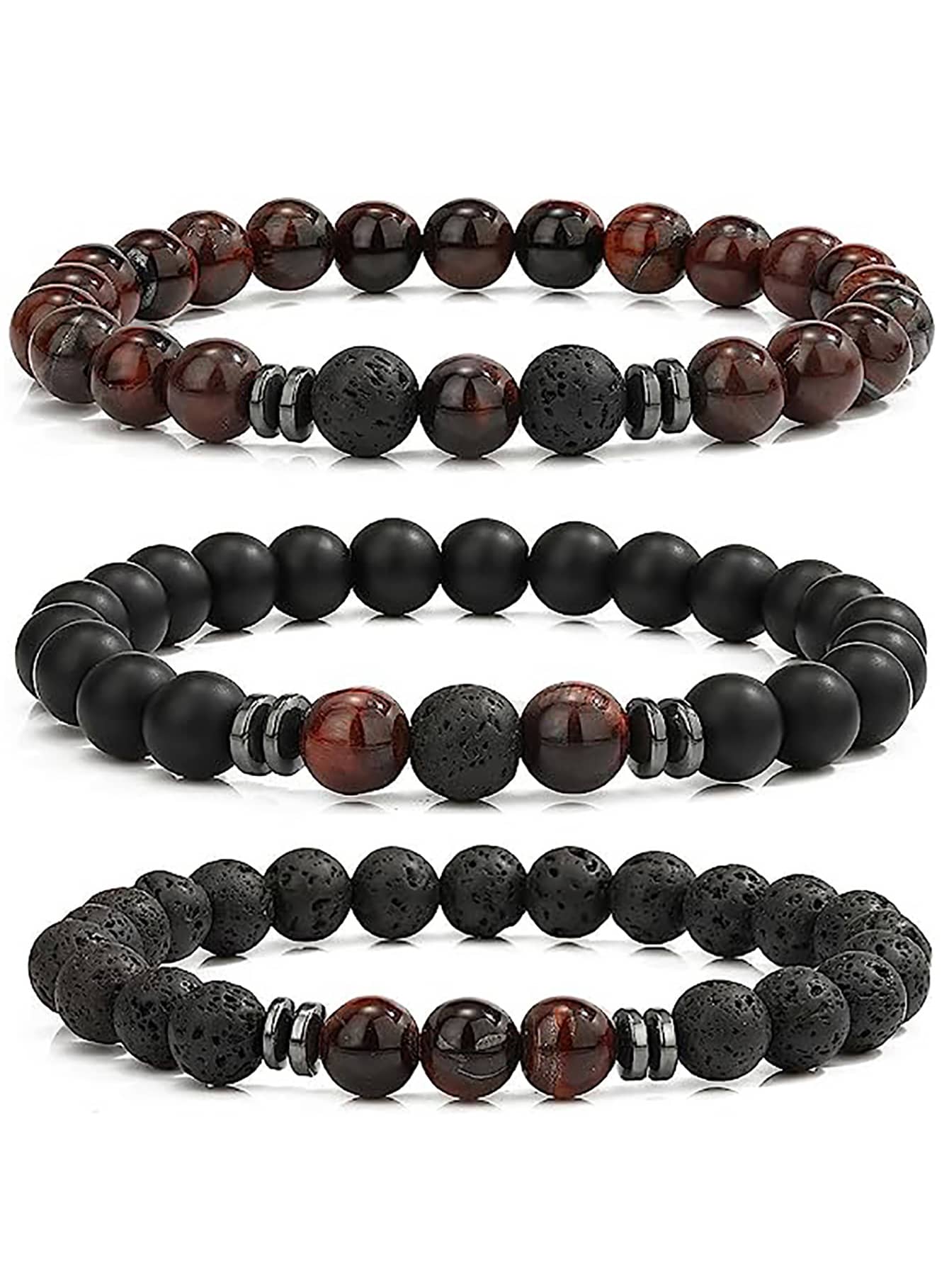 3入組/套男士多層天然石頭手環 - 紅色 - 查看 1