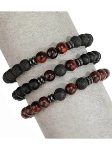 3入組/套男士多層天然石頭手環 - 紅色 - 查看 2
