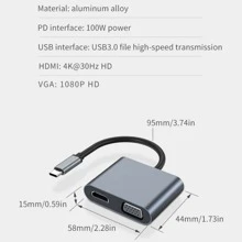 USB C 轉 HDMI VGA 適配器 4 合 1 USB C 集線器轉換器，帶 HDMI 端口 4K、100W PD、USB 3.0 端口、供電端口 兼容 MacBook Pro/MacBook Air/iPad Pro/Dell XPS Thunderbolt 3 端口 - 灰色 - 查看 3