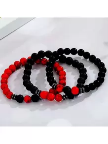 3入組男士極簡多層天然石頭手鍊日常裝飾 - 玫紅色 - 查看 2