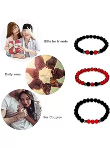 3入組男士極簡多層天然石頭手鍊日常裝飾 - 玫紅色 - 查看 3