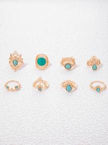 imoli 8pcs Simple Alloy Turquoise & Flower Edge Design Round Oil Drip Style Ring Set, Women Dating Gift - Yellow Gold - View 4