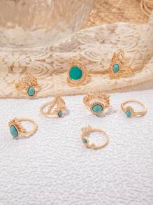 imoli 8pcs Simple Alloy Turquoise & Flower Edge Design Round Oil Drip Style Ring Set, Women Dating Gift - Yellow Gold - View 3