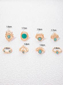 imoli 8pcs Simple Alloy Turquoise & Flower Edge Design Round Oil Drip Style Ring Set, Women Dating Gift - Yellow Gold - View 6