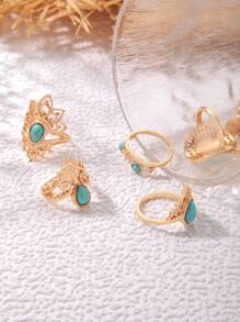 imoli 8pcs Simple Alloy Turquoise & Flower Edge Design Round Oil Drip Style Ring Set, Women Dating Gift - Yellow Gold - View 5