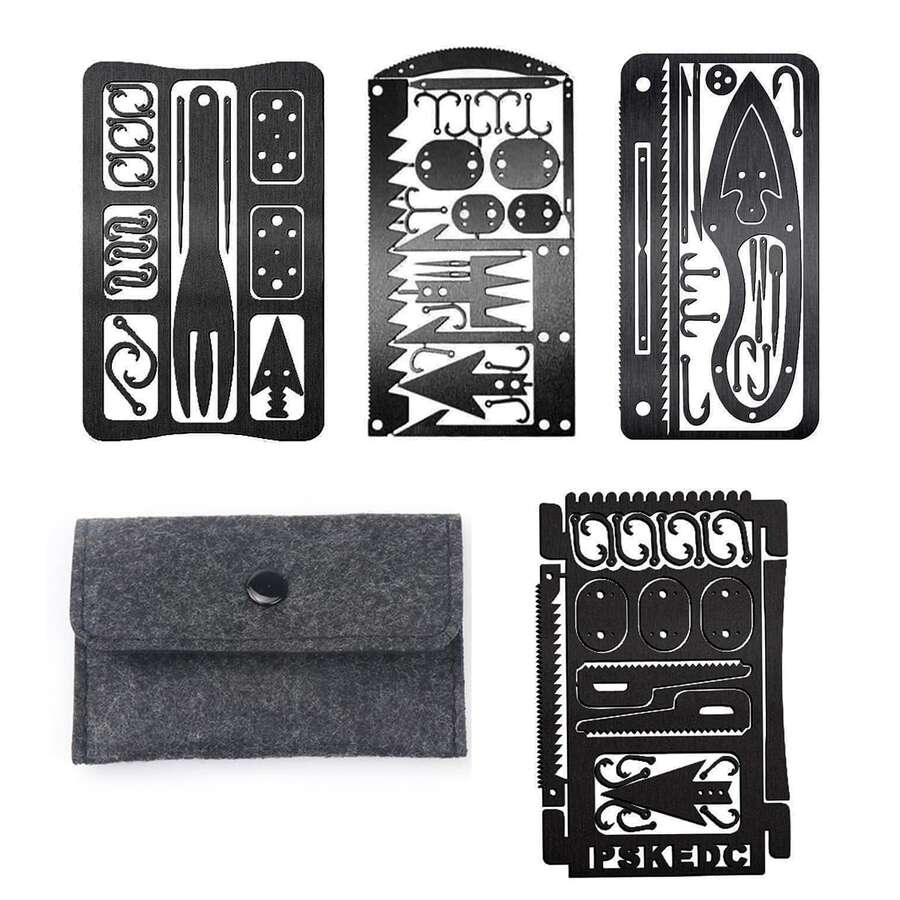 PSKOOK 4pcs Outdoor 304 Stainless Steel Fishing Tool Card Multi-Function Emergency Fishing Card Portable Fishing & Hunting Survival Tool Accessories - Black - View 1