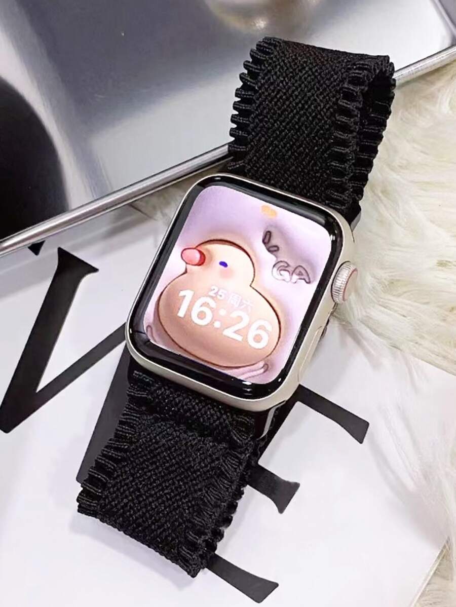 1入組黑色荷葉邊流蘇彈性聚酰胺帶38/40/41/42/44/45/49mm,適用於Apple WatchUltra/SE/8/7/6/5/4/3/2/1 - 黑色 - 查看 1