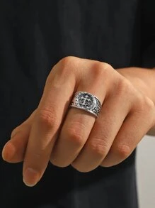 1pc Vintage-style Cross Design Metal Open Ring For Men, Gothic Punk Industrial Ring