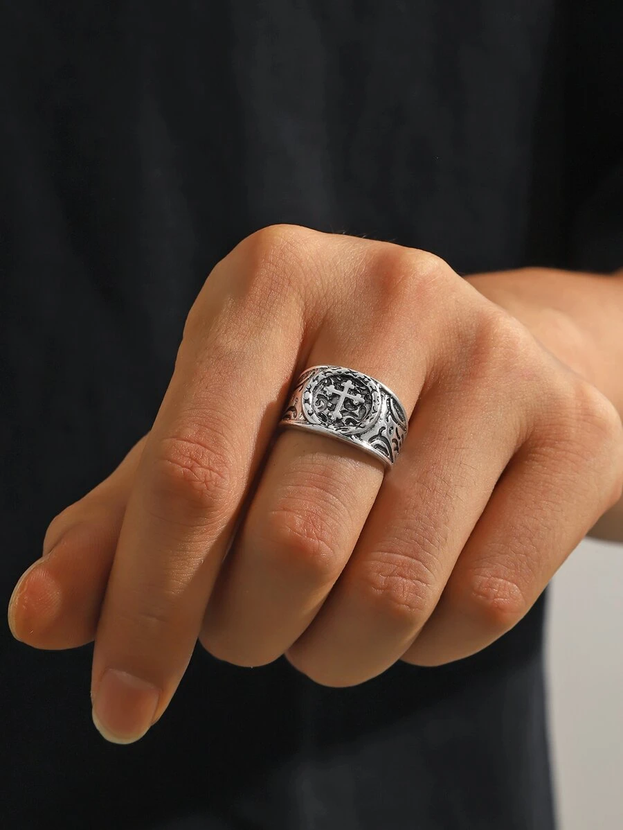 1pc Vintage-style Cross Design Metal Open Ring For Men, Gothic Punk Industrial Ring