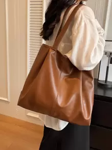 1 件复古女士单肩托特包，新款时尚大容量休闲托特包，柔软 PU 皮革单肩包适合日常使用、办公室、通勤、学校