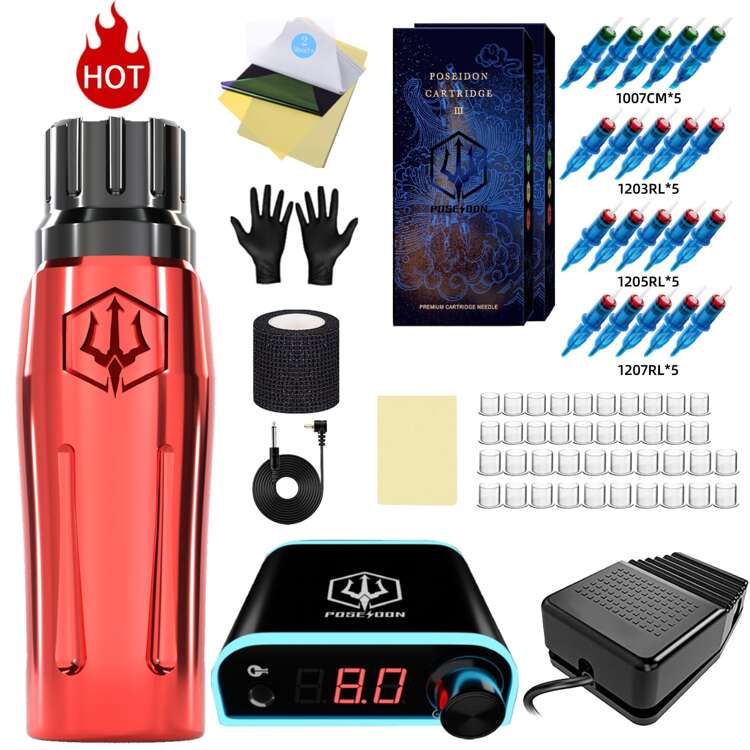 Tattoo Kit-POSEIDON Tattoo Pen Kit, Wireless Tattoo Machine Kit with Tattoo Power Supply and 20 Pcs Tattoo Cartridge Needles,Tattoo Gun Kit Tattoo Supplies for Beginners(STK01) - Red - View 1