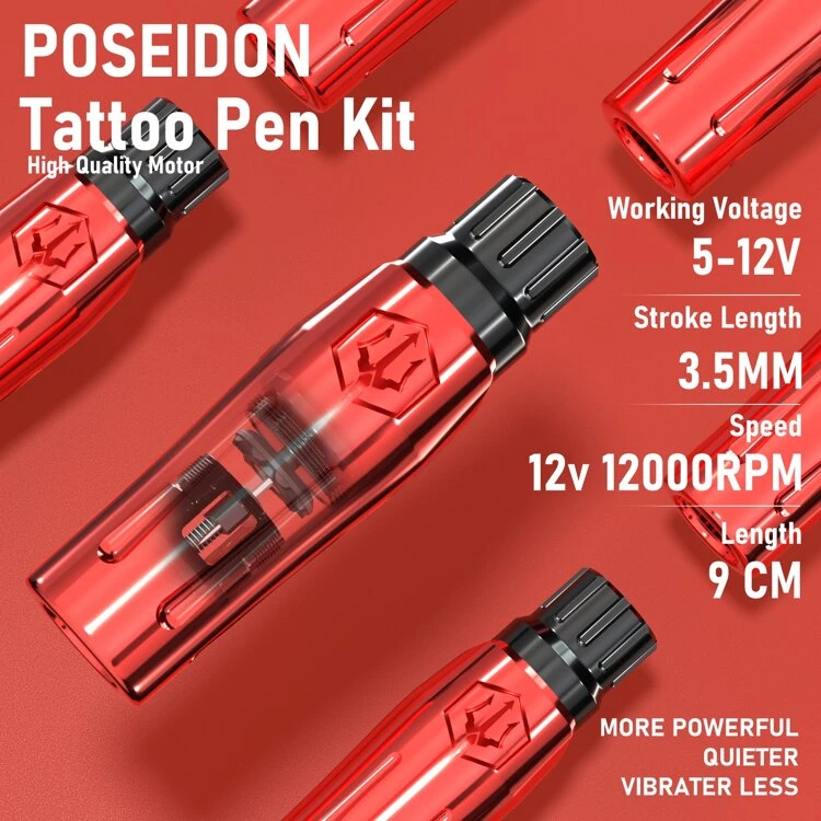 Tattoo Kit-POSEIDON Tattoo Pen Kit, Wireless Tattoo Machine Kit with Tattoo Power Supply and 20 Pcs Tattoo Cartridge Needles,Tattoo Gun Kit Tattoo Supplies for Beginners(STK01) - Red - View 2
