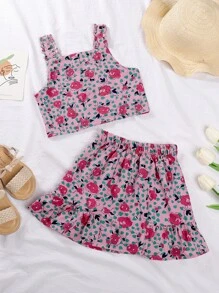 Bộ thời trang bé gái viền lá sen Viên lá sen Nút phía trước Hoa Tất cả trên in Boho - Hồng - Xem 2