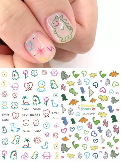 FULL BEAUTY 2sheets Cartoon Dinosaur Graffiti Style Nail Stickers Kawaii Sun Face Decals Maple Leaves Manicure Design Decoration DIY Nails Nail Supplies