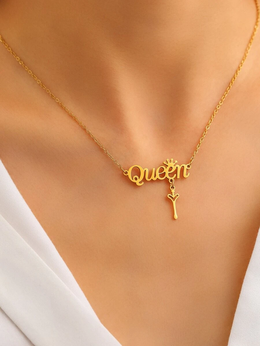 Aomogo Stainless Steel Necklaces Elegant Letter Queen Crown Key Light Luxury Pendants Chain Elegant Necklace For Women Jewelry Gift - Gold - View 1