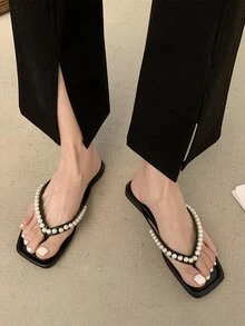 Size Lớn dành cho Nữ, Dép quai ngang mũi vuông màu đen thời trang có đế bằng ngọc trai - màu đen - Xem 2