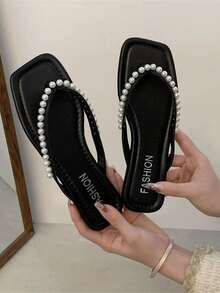 Size Lớn dành cho Nữ, Dép quai ngang mũi vuông màu đen thời trang có đế bằng ngọc trai - màu đen - Xem 3