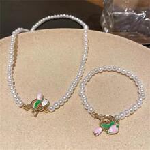 [項鍊+手鍊]鬱金香畫設計假珍珠手鍊，配龍蝦扣和甜美的花形項鍊，適合女性，優雅清新 - 鬱金香珍珠手鍊+項鍊{2件裝} - 查看 7