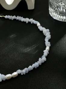 1 件帅气时尚不对称人造珍珠和水晶串珠项链，适合男士打造时尚外观，适合派对礼物 - 淺藍色 - 查看 4