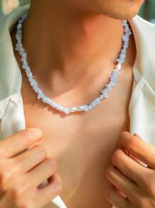 1 件帅气时尚不对称人造珍珠和水晶串珠项链，适合男士打造时尚外观，适合派对礼物 - 淺藍色 - 查看 1