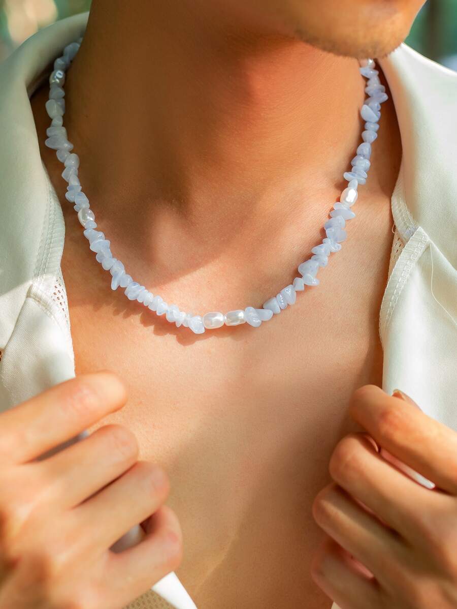 1 件帅气时尚不对称人造珍珠和水晶串珠项链，适合男士打造时尚外观，适合派对礼物 - 淺藍色 - 查看 1