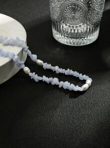 1 件帅气时尚不对称人造珍珠和水晶串珠项链，适合男士打造时尚外观，适合派对礼物 - 淺藍色 - 查看 5