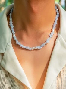 1 件帅气时尚不对称人造珍珠和水晶串珠项链，适合男士打造时尚外观，适合派对礼物 - 淺藍色 - 查看 2