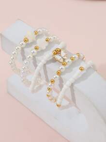 5pcs Girls' Butterfly Design Faux Pearl & Rice Shaped Bead Bracelet - White - View 4
