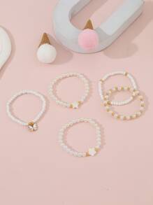 5pcs Girls' Butterfly Design Faux Pearl & Rice Shaped Bead Bracelet - White - View 2